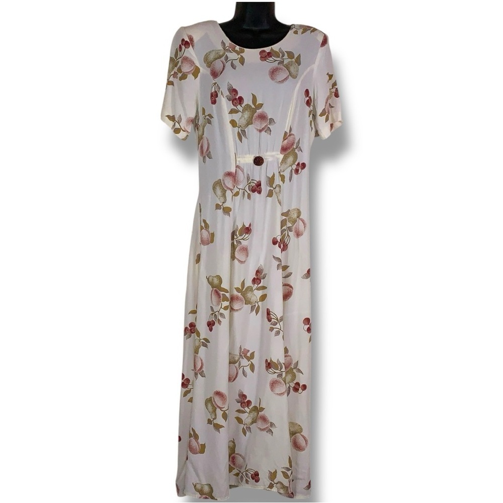 Vintage Size 12 CDC Maxi Dress Ivory White Pink Fruit Print Feminine Cottage